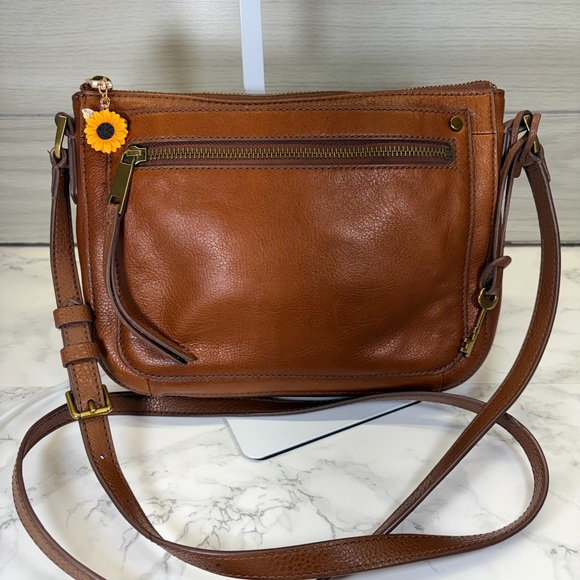 Fossil Handbags - Fossil Tan Leather Crossbody Bag with Floral Charm
